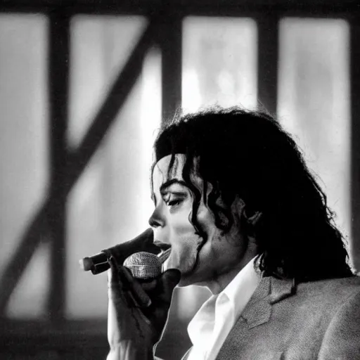 Image similar to cinematic still of Michael Jackson preaching at a Baptist Church in Rural Tennessee, close up, shallow depth of field, cinematic