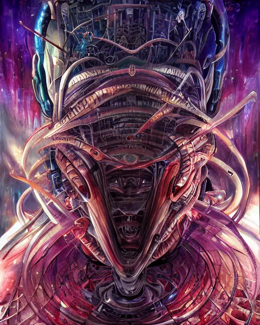 Image similar to neo tokyo arrives from the future, by antonio j. manzanedo, giger, alex grey, android jones, wayne barlowe, philippe druillet, raymond swanland, cyril rolando, josephine wall, harumi hironaka, trending on artstation