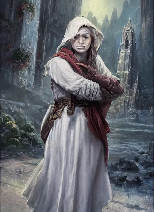 Prompt: female poor beggar on the streets white, bright, unclean, ultra detailed fantasy, dndbeyond, bright, colourful, realistic, dnd character portrait, full body, pathfinder, pinterest, art by ralph horsley, dnd, rpg, lotr game design fanart by concept art, behance hd, artstation, deviantart, hdr render in unreal engine 5