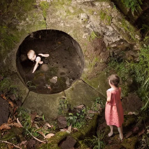 Prompt: photograph of two children looking down into an old stone well in the middle of an overgrown forest. in the well, the corpse of a mysterious fleshy beast float on the water with a claw reaching up