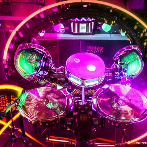 Prompt: photo of huge robotic drumset on a concert tage, the drumset is futuristic steampunk style with gears and tubes, 8 k, fluorescent colors, halluzinogenic, multicolored, exaggerated detailed, unreal engine - w 7 6 8