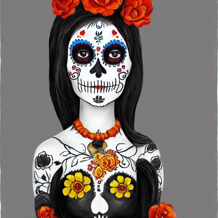 Prompt: a smiling girl with long black, her paint painted as dia de los muertos, by alozuniga. digital draw, digital art, trending on instagram, digital painting.