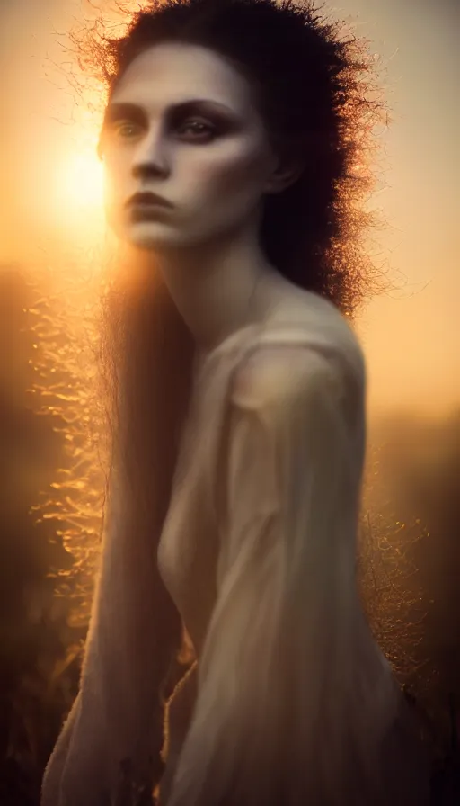 Prompt: photographic portrait of a stunningly beautiful soulful vulnerable sad emotional gothic female in soft dreamy light at sunset, contemporary fashion shoot, by edward robert hughes, annie leibovitz and steve mccurry, david lazar, jimmy nelsson, breathtaking, 8 k resolution, extremely detailed, beautiful, establishing shot, artistic, hyperrealistic, beautiful face, octane render