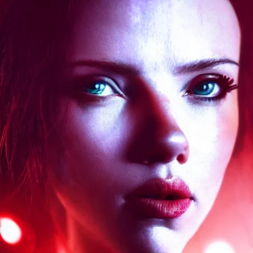 Prompt: Scarlett Johansson as a cyberpunk girl portrait with depth of field inspired by ghost in the shell