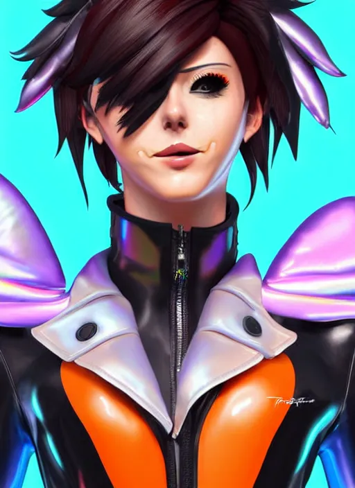 Image similar to portrait bust digital artwork of tracer overwatch, wearing iridescent rainbow latex and leather straps catsuit outfit, expressive face, makeup, in style of mark arian, angel wings, wearing detailed leather collar, chains, black leather harness, detailed face and eyes,