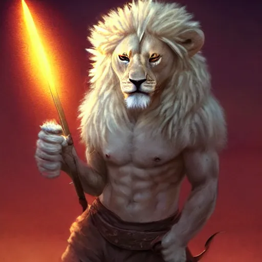 Image similar to commission of a male anthropomorphic albino lion holding a sword,digital art,art by greg rutkowski,trevor henderson,ross tran,photorealistic,hyperdetailes,highly realistic,natural lighting,deviantart,artstation,dramatic,cinematic,4k,western comic style,sharp lineart,hard shadows