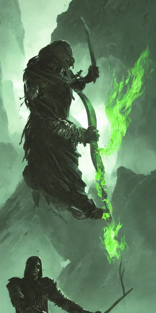 Image similar to a man with a missing an arm holding a spear made entirely of green fire wearing a leather cloak fighting a bad guy made of black smoke, dramatic lighting, cinematic, establishing shot, extremely high detail, photo realistic, cinematic lighting, post processed, concept art, artstation, matte painting, style by eddie mendoza, raphael lacoste, alex ross