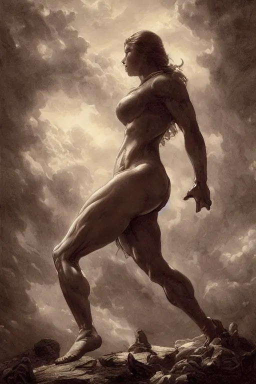 Prompt: muscular heroine with thick thighs and large breasts, standing over a fallen foe, with her foot on his chest - in the style of greg rutkowski, by Gustave Doré, by Marco Turini, by Artgerm, Deviantart in the style of Tom Bagshaw, Cedric Peyravernay, Peter Mohrbacher by William-Adolphe Bouguereau,4k,