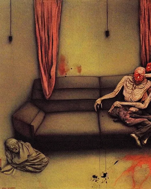 Prompt: an old dead couple sitting on a couch in an old soviet apartment, Beksinski painting, part by Adrian Ghenie and Gerhard Richter. art by Takato Yamamoto, Francis Bacon masterpiece