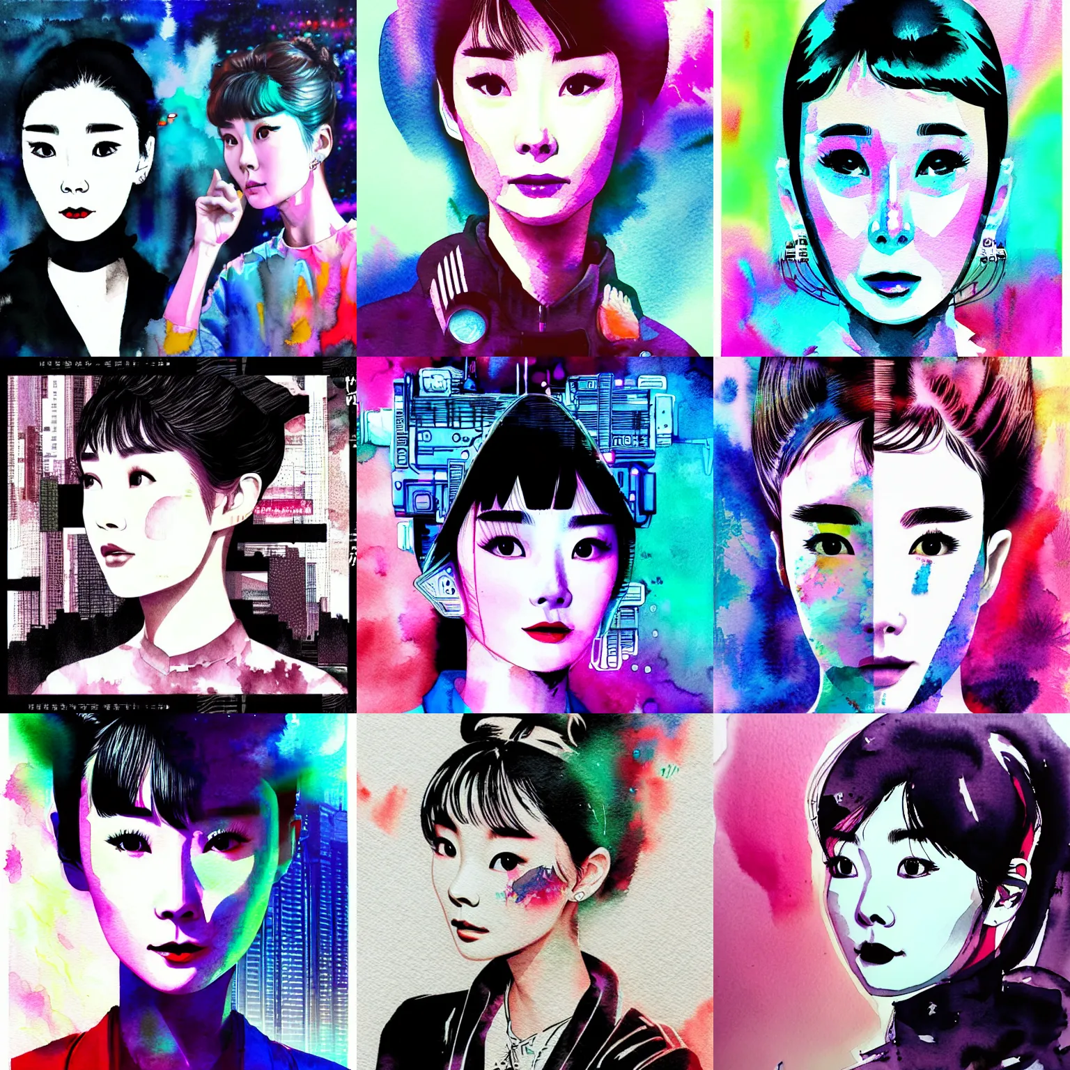 Prompt: korean audrey hepburn, intricate watercolor cyberpunk vaporwave portrait by tim doyle