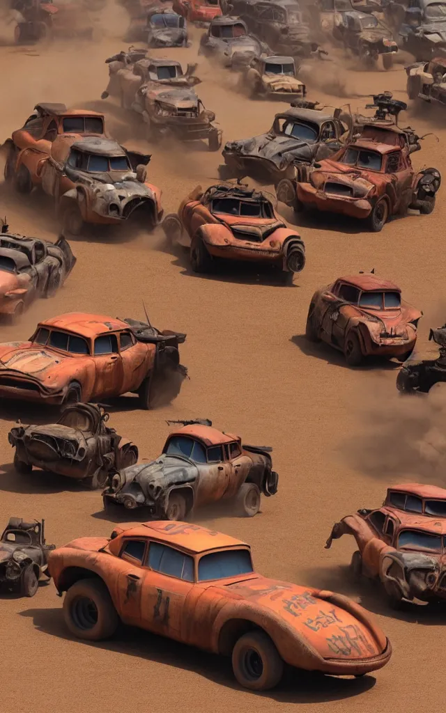 Prompt: pixar cars in the world of mad max fury road