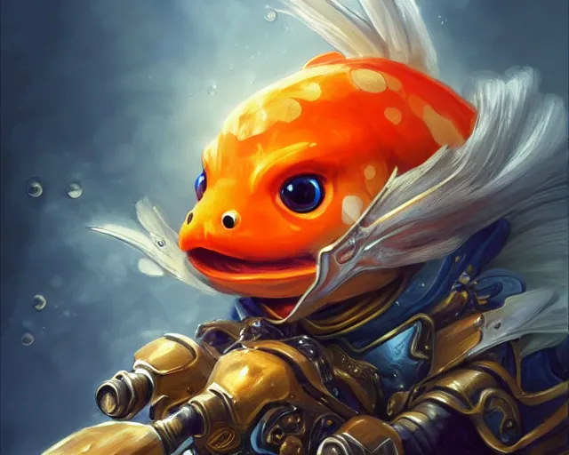 Image similar to a super cute anthropomorphic goldfish from final fantasy, sitting on a motorcycle, deep focus, d & d, fantasy, intricate, elegant, highly detailed, digital painting, artstation, concept art, matte, sharp focus, illustration, hearthstone, art by artgerm and greg rutkowski and alphonse mucha