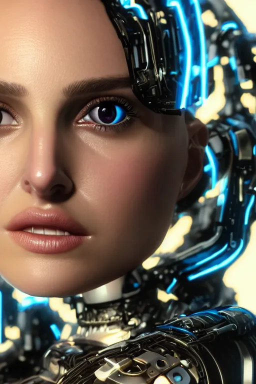 Image similar to close up headshot of Natalie Portman as a female android, intricately detailed mechanical parts, complicated circuits and wires, beautiful gazing symmetric blues eyes, unreal engine, path tracing, 8k, artstation, 3/4 profile