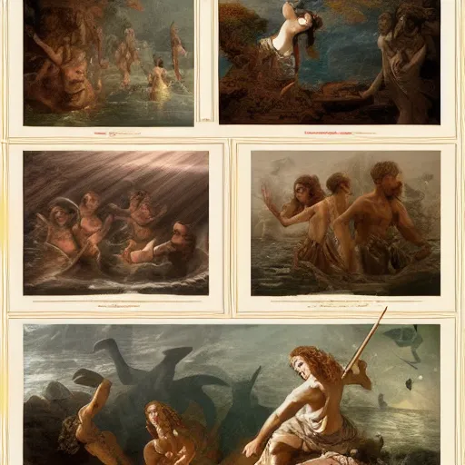 Image similar to seven trials of the prehistoric aquatic cult, in the style of David Geddes, Élisabeth Vigée Le Brun, dramatic lighting, establishing shot, detailed and clear beautiful realistic faces, 8k resolution – W 1024