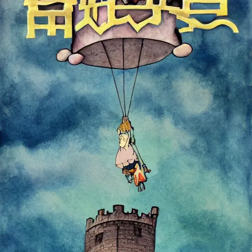 Image similar to laputa castle in the sky hayao miyazaki flying high in the sky, watercolor illustration for a book