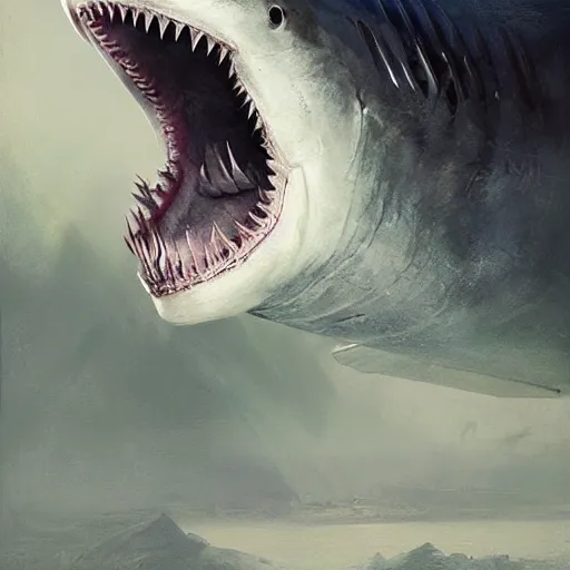 Prompt: ruan jia illustration of a shark, Alien mouth