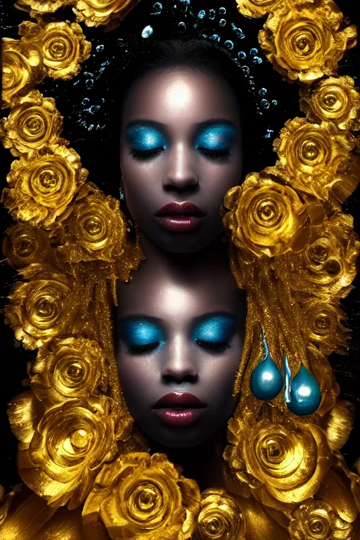 Prompt: hyperrealistic post rococo cinematic very expressive! black oshun goddess, open eyes, in water up to her shoulders, mirror dripping droplet!, gold flowers, highly detailed face, digital art masterpiece, smooth eric zener cam de leon dramatic pearlescent teal light, ground angle uhd 8 k, sharp focus