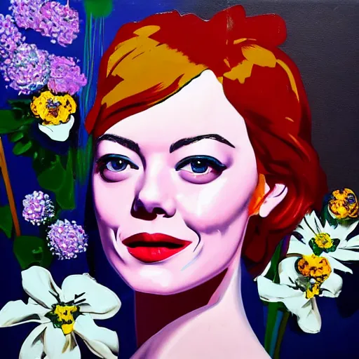 Prompt: detailed oil painting of emma stone in detail with flowers by james jean, by andy warhol