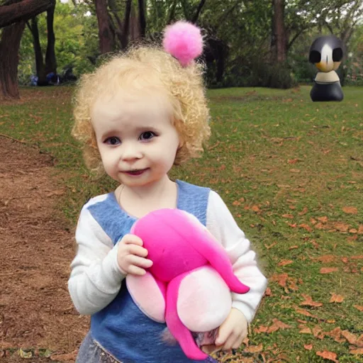 Image similar to a beautiful [[[[[happy]]]]] little blonde toddler girl with short loosely curly hair, at the park on a beautiful day, holding a round all-pink stuffed penguin, by Dan Mumford, Junji Murakami, Mucha Klimt, Hiroshi Yoshida and Craig Mullins, featured on Artstation, CGSociety, Behance HD, Deviantart