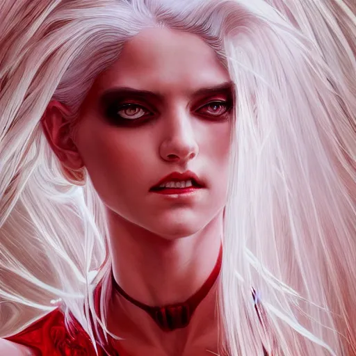 Image similar to ultra realistic illustration, dream humanoid demon girl with white hair, red horns, in white clothes, red eyes, intricate, elegant, highly detailed, digital painting, artstation, concept art, smooth, sharp focus, illustration, art by artgerm and greg rutkowski and alphonse mucha