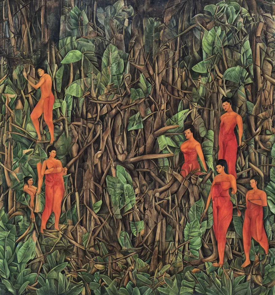 Prompt: four warrior angels lost in a forest painted by frida kahlo and ivanov vsevolod