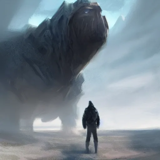 Image similar to concept art of a small hooded figure standing in a barren field looking at a colossal beast, by Jessica Rossier + Andreas Rocha, dark, epic, masterpiece