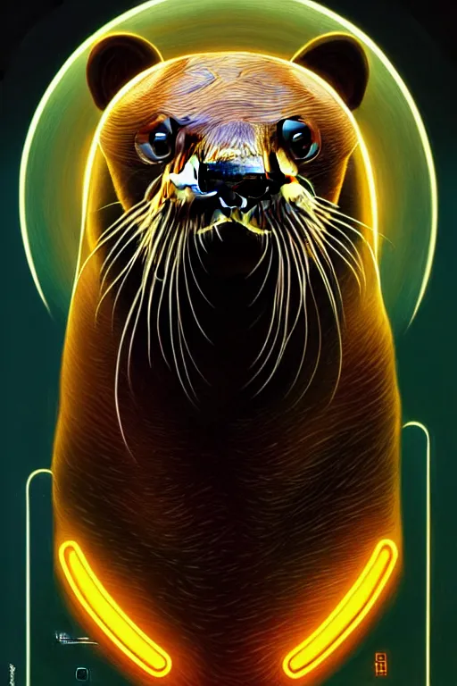 Image similar to symmetry!! portrait of a river otter, sci - fi, tech wear, glowing lights!! intricate, elegant, highly detailed, digital painting, artstation, concept art, smooth, sharp focus, illustration, art by artgerm and greg rutkowski and alphonse mucha