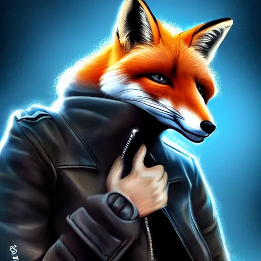 Image similar to A fox with a small head wearing a leather jacket and leather jeans and leather gloves, trending on FurAffinity, energetic, dynamic, digital art, highly detailed, FurAffinity, high quality, digital fantasy art, FurAffinity, favorite, character art