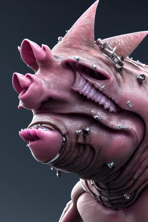 Image similar to skin concept, pig, biopunk, threes, teeth, many details, crystals, guyver style, 3 d, cinematic, hyper realism, high detail, octane render, art by hans giger