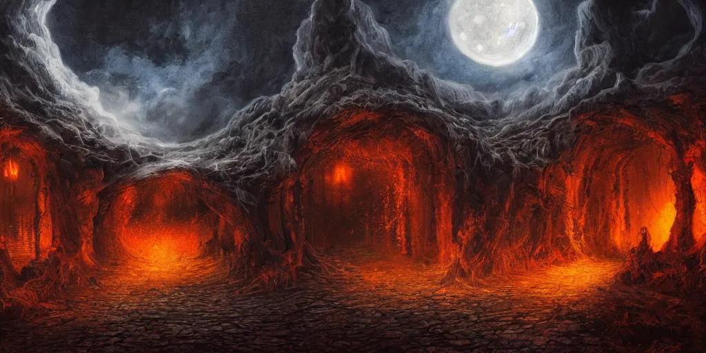 Image similar to hyper detailed beautiful painting of the gates to hell, midnight, moon light, volumetric lighting, dark, scary, sad, back lit