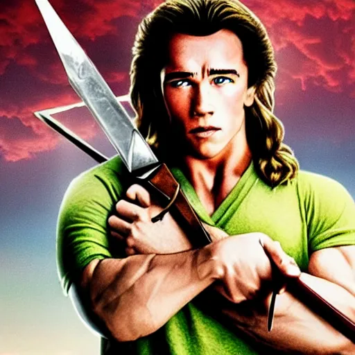 Image similar to cinema poster of a young arnold schwarzenegger holding a sword playing link in the new zelda movie