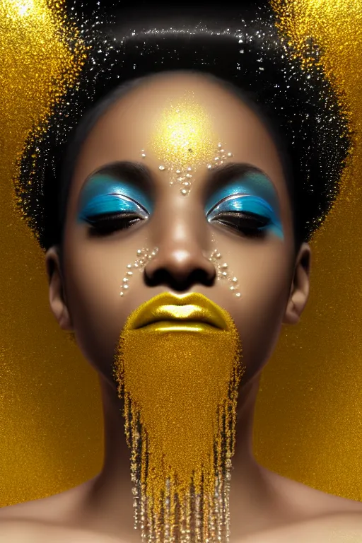 Image similar to hyperrealistic postrococo cinematic very expressive! black oshun goddess, open eyes, in water up to her shoulders, mirror dripping droplet!, gold flowers, highly detailed face, digital art masterpiece, smooth eric zener cam de leon dramatic pearlescent teal light, ground angle uhd 8 k, sharp focus