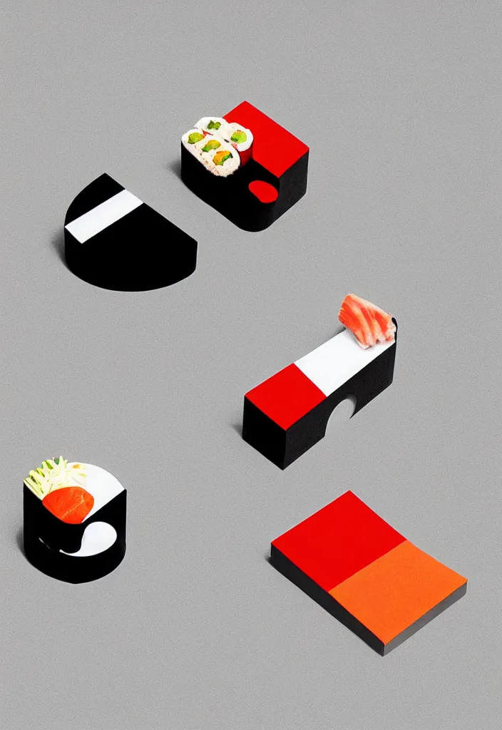 Image similar to sushi, hyper minimalist geometric graphic design in the style of buro destrukt and die gestalten verlag