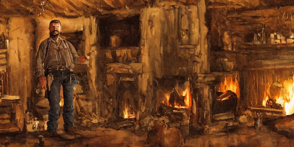 Prompt: in an old west cabin, close up shot a rugged, Dave Bautista cowboy standing ((alone)) at his fireplace, in the style of Fredrick Remington, oil painting