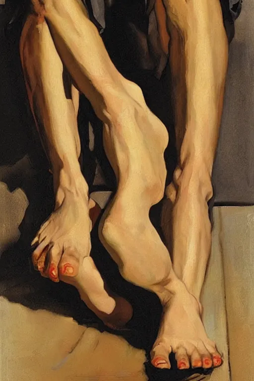 Prompt: tarantino caressing feet,'bare feet '!!!! painting by jc leyendecker!! phil hale!, angular, brush strokes, painterly, vintage, crisp