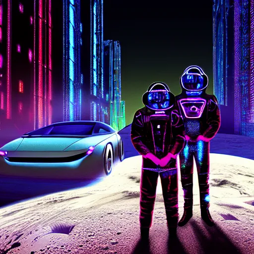 Image similar to photo of sci-fi citizens and vehicles, holographic trees, on the Moon, long shadows, in a Russian cyberpunk city called Neo Norilsk, pitch black sky with stunning bright stars, bright sun, high contrast, diverse outfits, lively, freaky, black sky full of stars, LEDs, holograms, blinding bright sun, sci-fi, cyberpunk outfits, photorealistic, grainy, 35mm, intricate, very very beautiful, elegant, smooth, cinematic, Unreal Engine 5, by Beeple