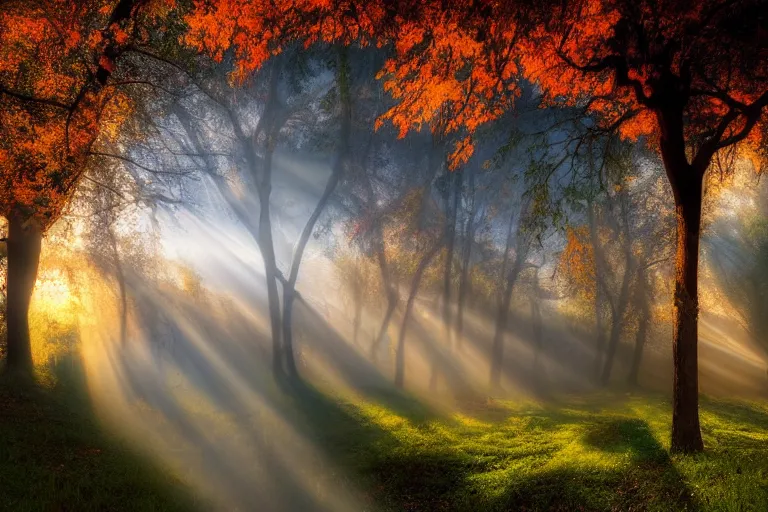Prompt: landscape photography of bucharest by marc adamus, morning, mist, rays of light, beautiful