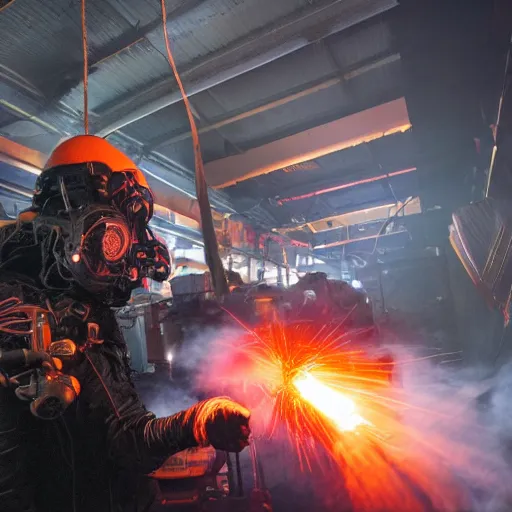 Image similar to oversized mokey wrench, tangles of metallic cables, dark messy smoke - filled cluttered workshop, dark, dramatic lighting, orange tint, sparks, plasma charges, cinematic, highly detailed, sci - fi, futuristic, movie still