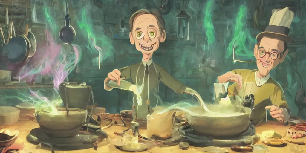 Image similar to a wholesome animation key shot of a steve buscemi with black hair as a witch cooking a magic potion in his cauldron of bubbling green liquid as his cats watch, medium shot, waist up, studio ghibli, pixar and disney animation, sharp, rendered in unreal engine 5, anime key art by greg rutkowski, bloom, dramatic lighting