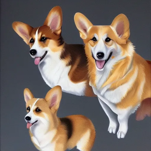 Image similar to highly detailed oil painting of corgis by bosch