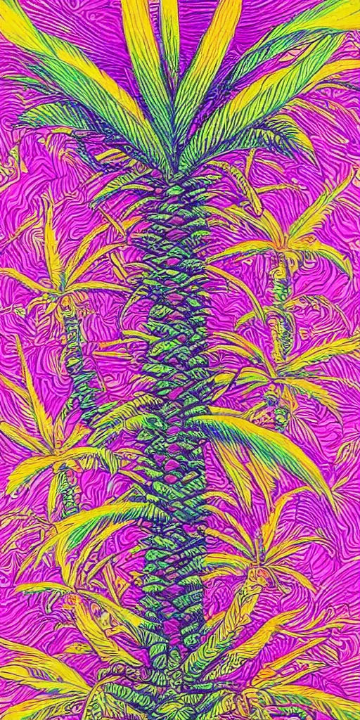 Prompt: A palm tree, seen under DMT, alex grey style