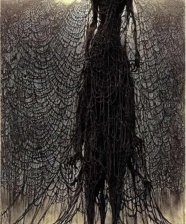 Prompt: a woman standing all covered in spiders. arachnophobia, fear of spiders, incredible number of spiders and bugs. extremely high details, spider paws and eyes, realistic, horror, creepy, web, masterpiece, art by zdzislaw beksinski, arthur rackham, dariusz zawadzki, hermann nitsch