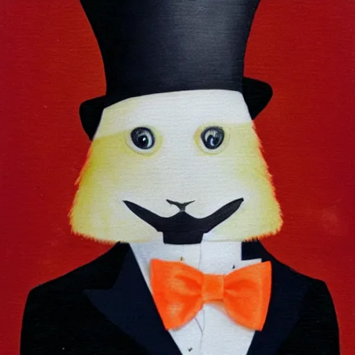 Prompt: a portrait of an orange cat with a white moustache wearing a top hat