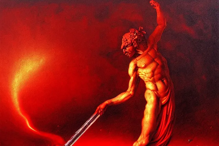 Image similar to only with red, a red melted apollo with a laurel wreath and a flaming sword announce the win, atene in the background, in the style of beksinski, part by hopper, part by rodcenko, part by hofbauer, intricate composition, red by caravaggio, insanely quality, highly detailed, masterpiece, red light, artstation