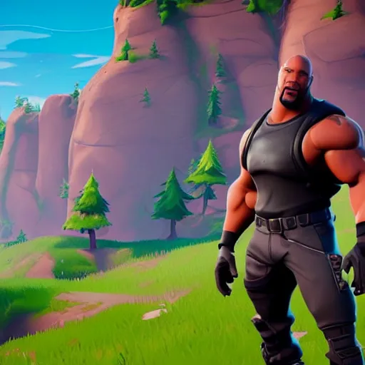 Image similar to screenshot from fortnite dwanye the rock johnson as a fortnite character