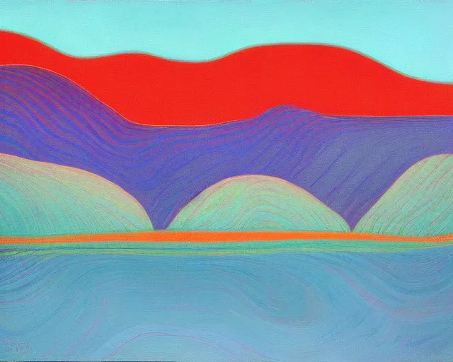 Image similar to A wild, insane, modernist landscape painting. Wild energy patterns rippling in all directions. Curves, organic, zig-zags. Saturated color. Mountains. Clouds. Rushing water. Wayne Thiebaud. Lisa Yuskavage landscape.