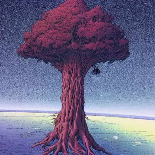 Image similar to a large tree rooted in a crystal hovering in space, by moebius