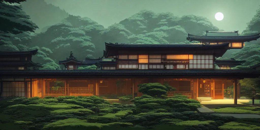 Image similar to twilight lighting, moody, atmospheric, solarpunk, old traditional japanese sleek modern mansion made of wood in a green garden, with a front porch, on the lonely hill by ghibli studio and victor ngai, ghost in the shell, akira, pixar highly detailed, 8 k h 5 7 6