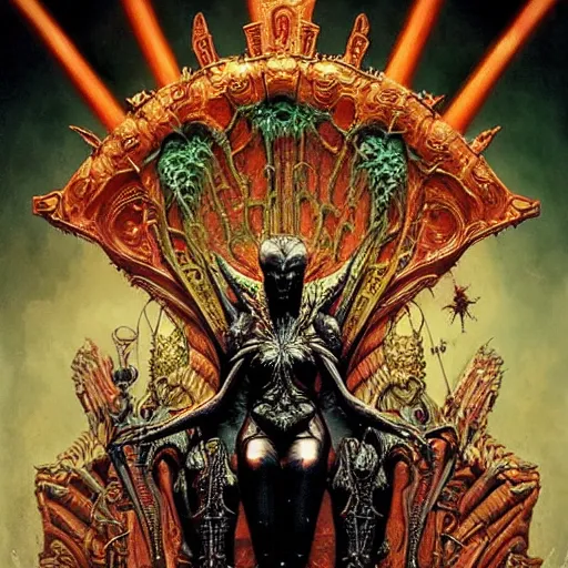 Image similar to Alien Queen sits on the throne, very colourful, highly detailed, black horror, H.R. Giger, artstation, intricate, smooth, sharp focus, bright, happy, illustration, art by Artgerm and Greg Rutkowski and Alphonse Mucha and Yuumei, good clear quality, lighting, biology, symmetrical artwork, perfect face, 135 mm, cinematic, hyper realism, glittering ice, dark, moonlight, high detail, octane render, 8k, crimson highlights