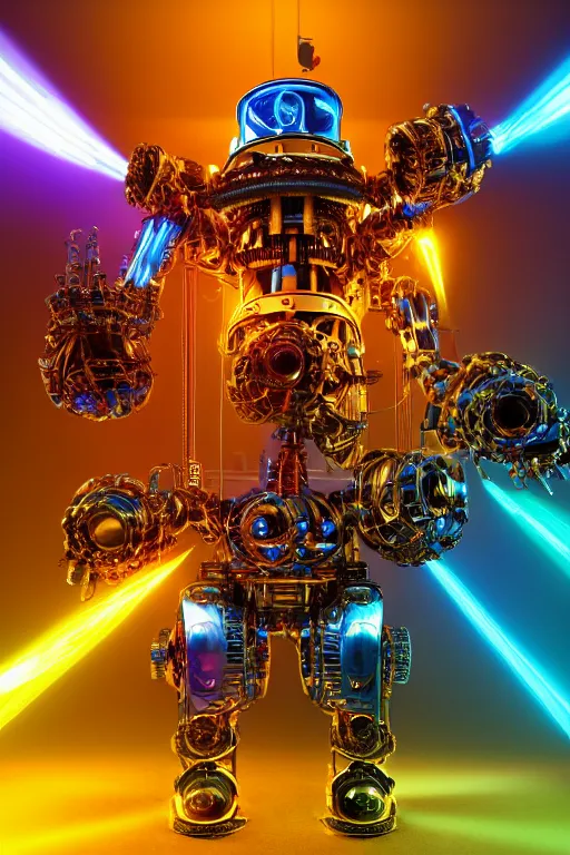 Image similar to portrait photo of a giant huge golden and blue metal futuristic steampunk robot covered with multicolored big gears and tubes, eyes are glowing red lightbulbs, robot plays on a huge electric steampunk guitar, shiny crisp finish, 3 d render, 8 k, insaneley detailed, fluorescent colors, background is multicolored lasershow